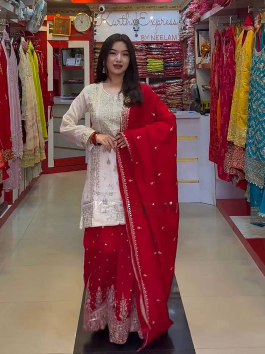 Pure Heavy Georgette And Embroidery Sequence Work With Less Border Dupatta Type Sharara Palazzo Dress