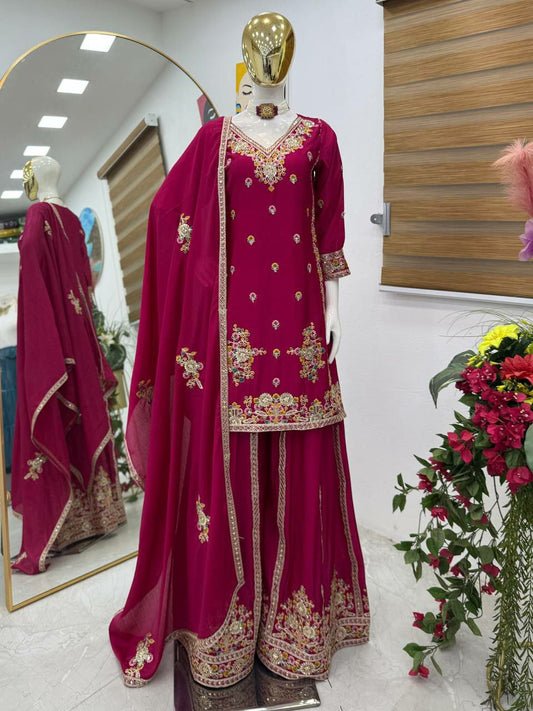 Chinon Silk With Round Neck And Codding Siquence Embroidery Work Sharara Dress