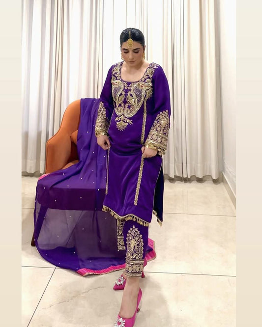 HEAVY FUAX GEORGETTE WITH HEAVY EMBROIDERY SEQUENCES WORK AND FANCY REVET MOTI WORK DUPATTA TYPE BOTTAM DRESS