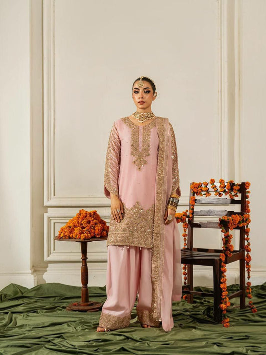 PURE CHINON SILK WITH ATTRACTIVE EMBROIDERY SEQUENCE WORK AND READY MADE LACE AT BORDER PALAZZO KURTI