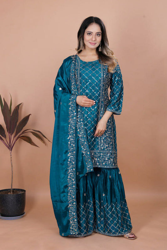 Chinon With Micro Inner & Heavy Embroidery Sequence Work With Elastic Sharara Dress