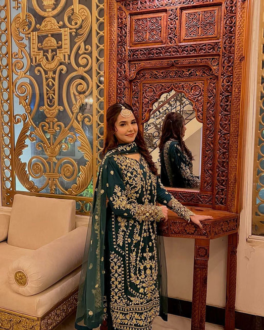 Heavy Faux Georgette With Heavy Embroidery Sequence Work & Rivet Moti Work With Elastic Palazzo Dress