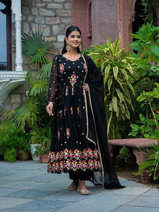 Faux Georgette With Full Heavy Embroidery Sequence Work And Four Side Border Lace Type Bottom Gown