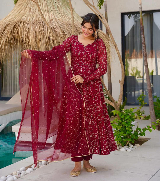 Heavy Faux Georgette With Heavy Micro Cotton & Embroidery Sequence Work With Fully Flair Gown
