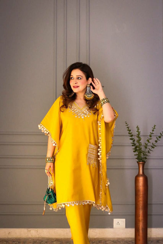 DEVSENA SATIN AND EMBROIDERED LACE WITH REAL MIRROR WORK POCKET PATTERN KAFTAN SUIT