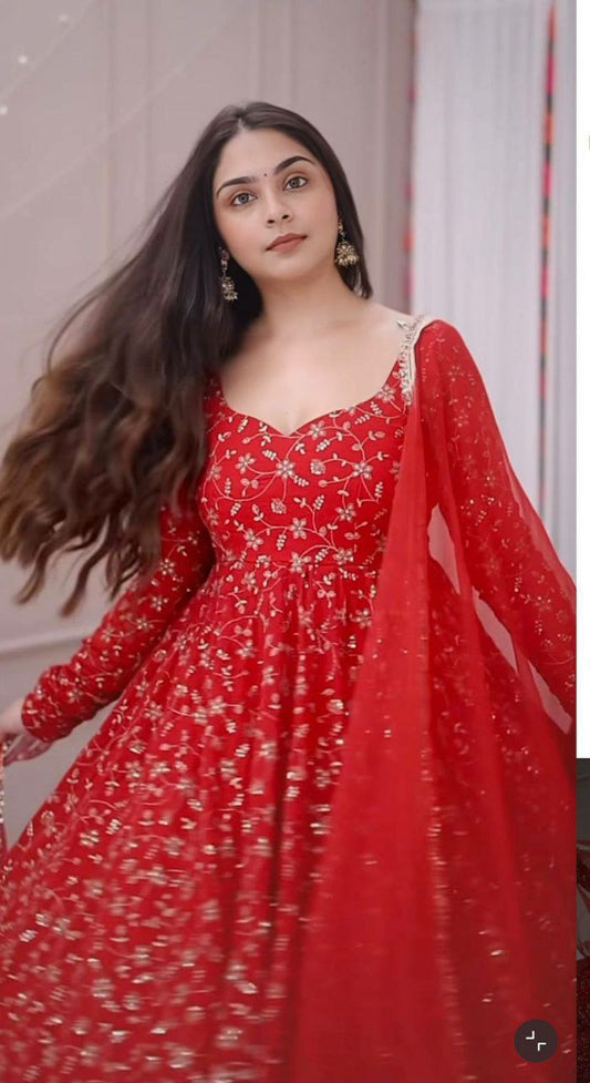 HEAVY FOUX GOARGATE WITH HAVY EMBROIDERY WORK AND FANCY LACE BORDER DUPATTA WITH ELASTIC BOTTOM GOWN