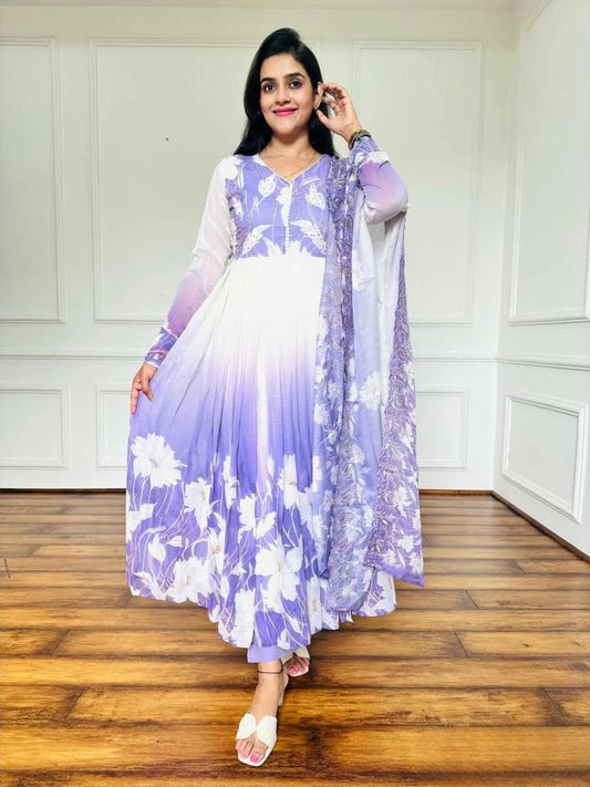 Heavy Faux Georgette And Digital Print Work With Embroidery Sequence Work Dupatta Type Gown