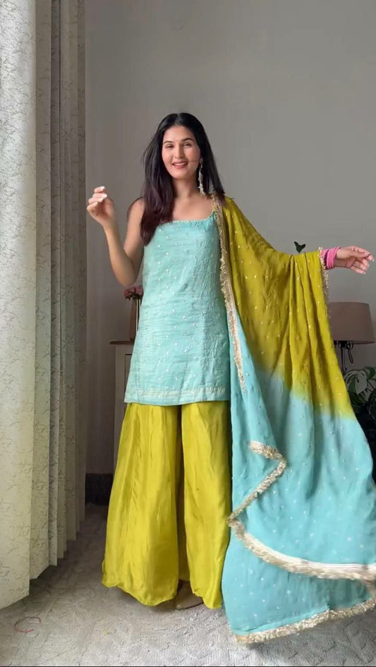 Chinon Silk & Sequence With Thread Work And 4-Side Work Border Dupatta Type Palazzo Dress
