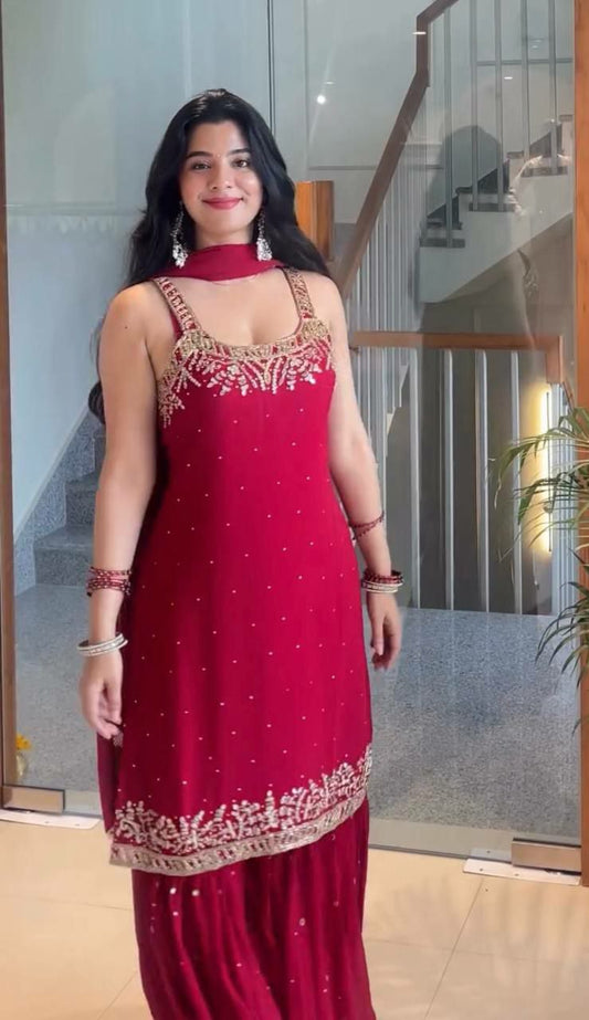 Heavy Faux Georgette With Beads Hand Work With Riyal Mirror Hand Work & Embroidery Sequence Work With Rivet Moti Work With Elastic Palazzo Dress