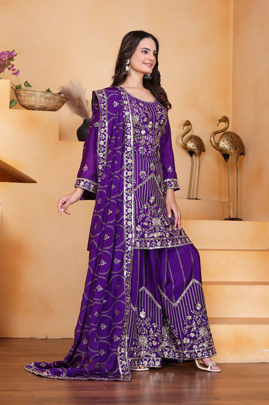 Chinon Silk With Micro Inner And Heavy Embroidery Sequence Work With Elastic Sharara Dress