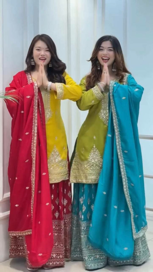 Pure Chinon Silk With Micro Cotton Inner And Embroidery Sequence Work Palazzo Dress