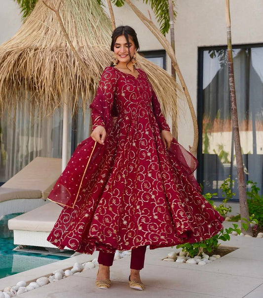 Heavy Faux Georgette With Heavy Micro Cotton & Embroidery Sequence Work With Fully Flair Gown