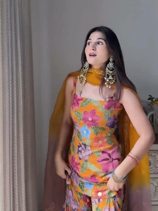 Pure Chinon Silk With Fancy Digital Print And Heavy Stone Hand Work Sharara Dress