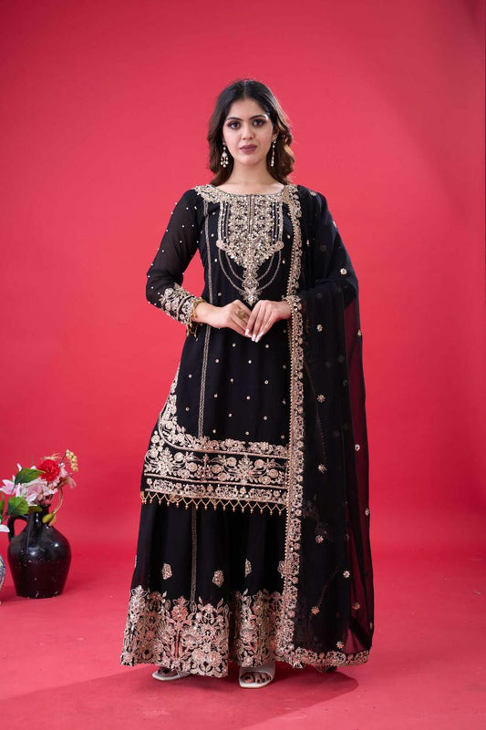 Heavy Faux Georgette With Heavy Embroidery Coding Dori-Sequence Work And Rivet Moti Work With Elastic Palazzo Dress