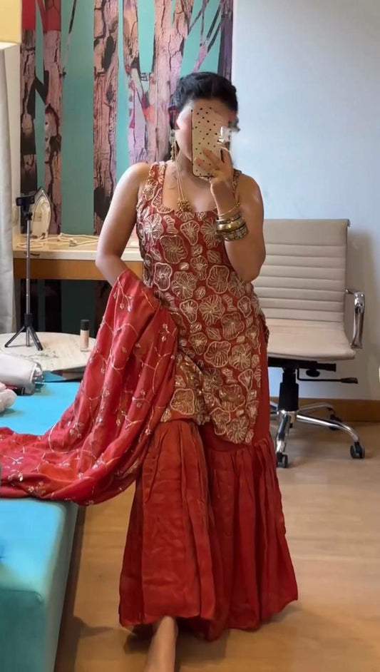 Simmer Silk And Thread With Sequence & 4-Side Lace Border Dupatta With Stretchable Elastic Sharara Dress