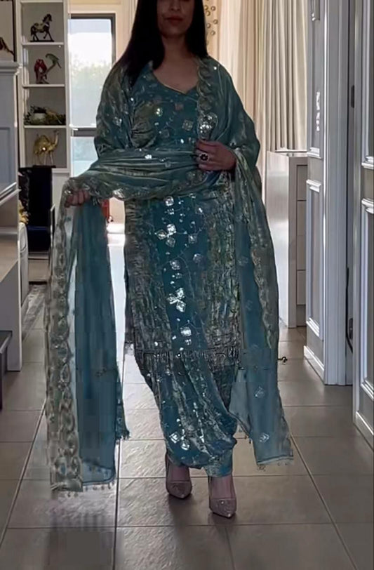 Heavy Fandy Crushi Silk Material With Sequence Embroidery Work With Fancy Lees Dupatta Type Dhoti Salwar