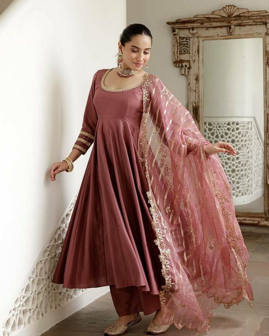 Roman Simmer Silk With Embroidery Sequence Work & Fency Less Border With Elastic Palazzo Gown