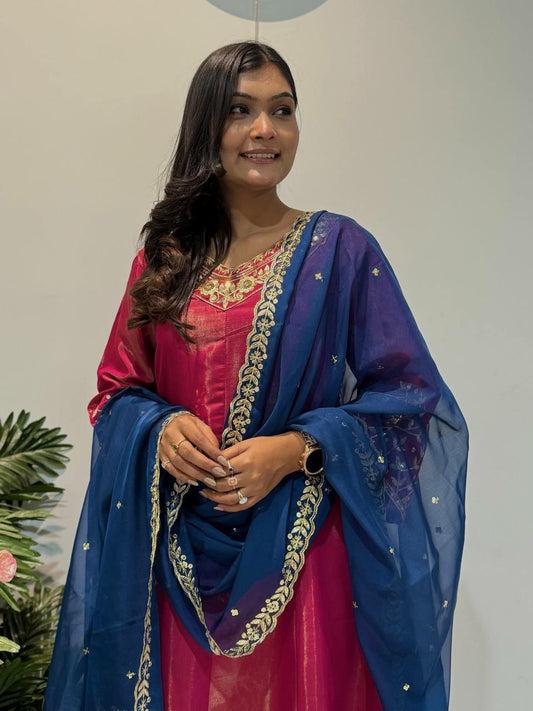 ROMAN CHIMAR SILK EMBROIDERY SEQUENCE WORK LACE BORDER GOWN