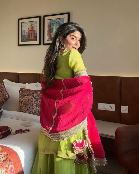 HEAVY FAUX GEORGETTE WITH HEAVY MICRO COTTON AND BEAUTIFUL EMBROIDERY THREAD AND SEQUENCE WORK PALAZZO KURTI