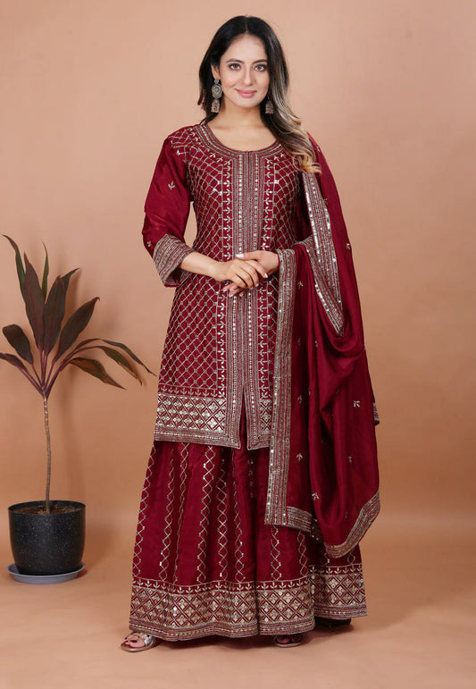 Chinon And Heavy Embroidery Sequence Work With Elastic Sharara Dress