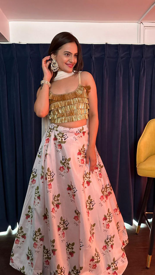 Digital Print Tapeta Silk Lehenga With Imported Banarasi Jhul Work & Glass Tassel Border Work Dupatta Type Lehenga Choli