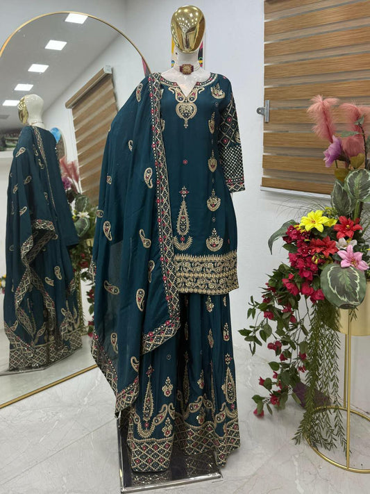 Chinon Silk With Embroidery Sequence Work & V-Round Neck Type Sharara Dress