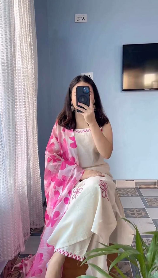 Roman Silk With Thread Work With Real Mirror Work & Kota Checks With Digital Print Dupatta With Elastic Palazzo Dress