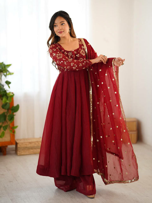 Crunchy Silk And Embroidery Work With Lace Border With Fully Flair Bottom Gown