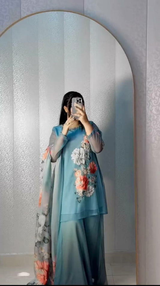 Fox Georgette With Digital Print With Real Khatali Hand Work Top & Pure Organza Silk With Full Flair Sharara Palazzo Dress