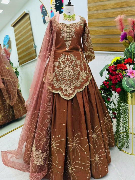 Simmer Silk With Codding Embroidery Siquence Work And Moti Work Dupatta Type Top & Lehenga