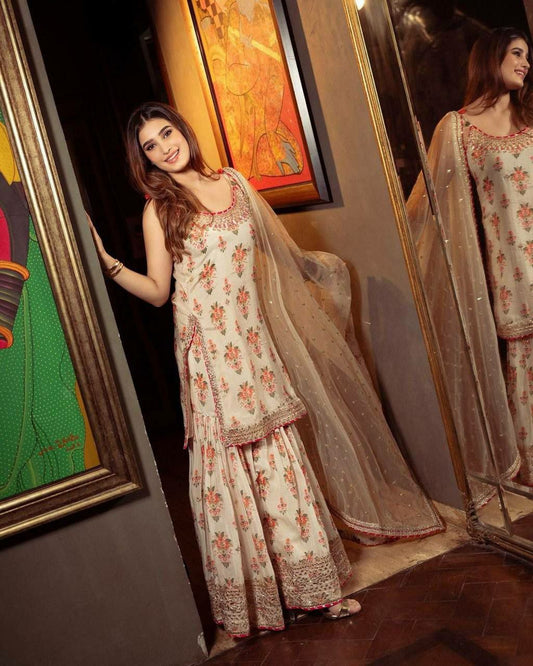 Pure Chinon Silk With Fancy Digital Print With Heavy Embroidery Sequins Work And Fancy Lace Border Sharara Dress