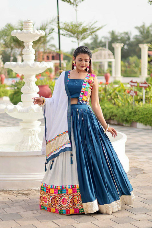 Pure Cotton With Heavy Gamthi Work & Ribbion With Lumpi Lace Bordar With Latkan Dupatta Lehenga Choli