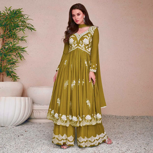 PURE CHINON SILK WITH BEAUTIFUL EMBROIDERY THREAD WORK AND READYMADE LACE BORDER DUPATTA TYPE PALAZZO GOWN