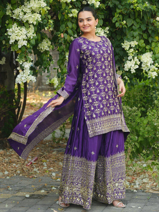 Chinon With Micro Inner And Heavy Sequence Embroidery Work With Elastic Sharara Dress