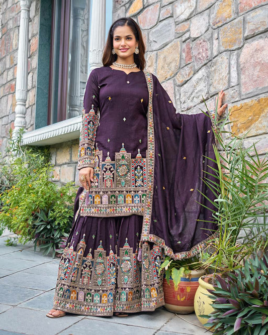 Pure Chinon Silk And Heavy Embroidery Coding Dori-Sequence Work With Elastic With Lace Border Palazzo Dress