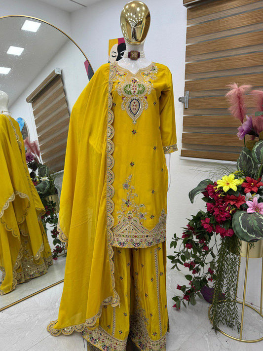 Chinon Silk With Embroidery Sequence Work And Round Neck Type Sharara Dress