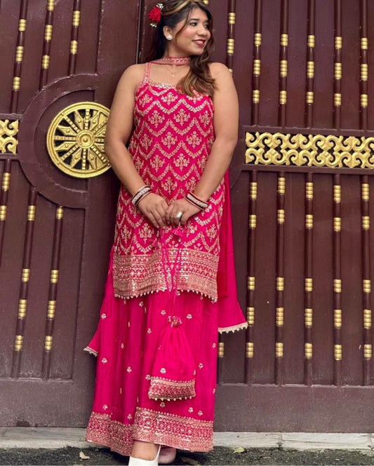 Heavy Faux Georgette With Heavy Embroidery And Sequence Work With Hanging Latkan With Elastic Palazzo Dress