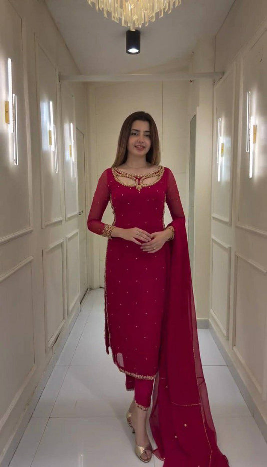 FAUX GEORGETTE AND EMBROIDERY WORK WITH REAL PEARL MOTI AND FANCY LACE DUPATTA TYPE KURTI