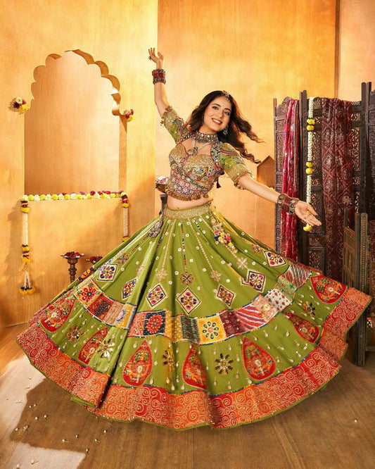 Heavy Muslin Cotton With Beautiful Digital Print With Real Mirror Work & Kodi Work & Fancy Coin Lace Lehenga Choli