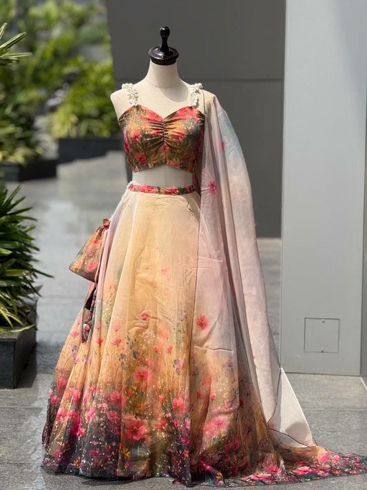 Pure Organza Digital Print With Pearl Moti And Kodi With Canvas Patta And Adjustable Waist Dori Lehenga Choli