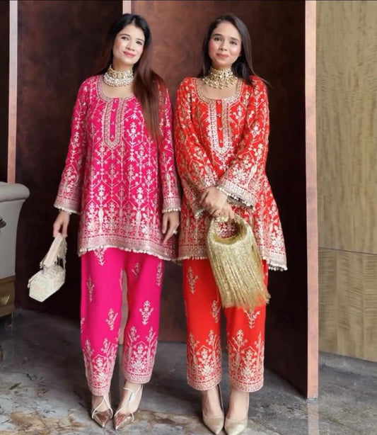 Heavy Faux Georgette With Heavy Embroidery Sequence Work & Fancy Belly Sleeves With Elastic Palazzo Dress