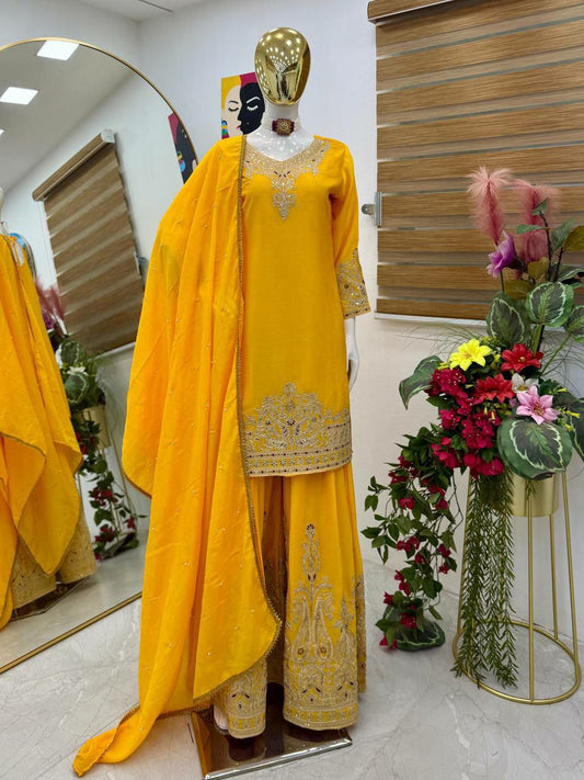 Chinon Silk With Micro Silk And Coding Embroidery Siquence Work With Less And Moti Work Dupatta Type Sharara Dress