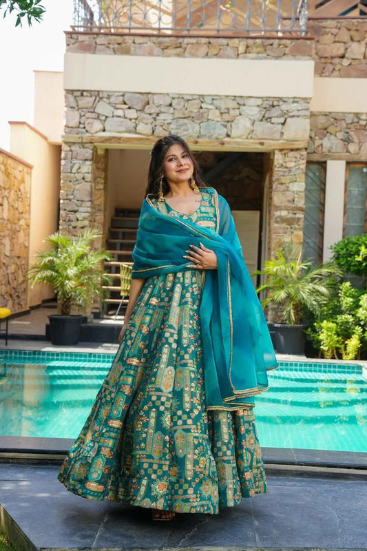 Pure Jimmy Organza Silk And Digital Printed Padded Gown With Designer Lace Dupatta Type Anarkali Gown