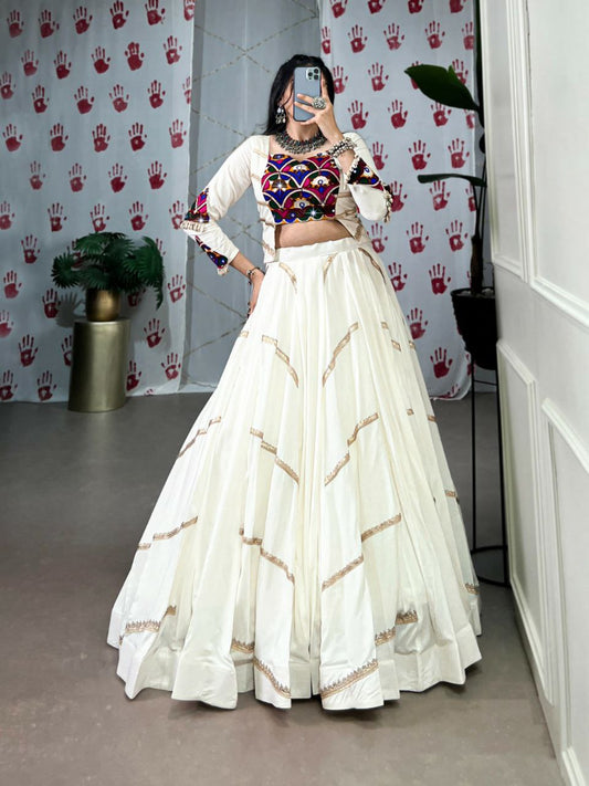 Pure Rayon With Original Mirror Gamthi Work With Sequins Lace Touch Up Blouse With Canvas Lehenga Choli