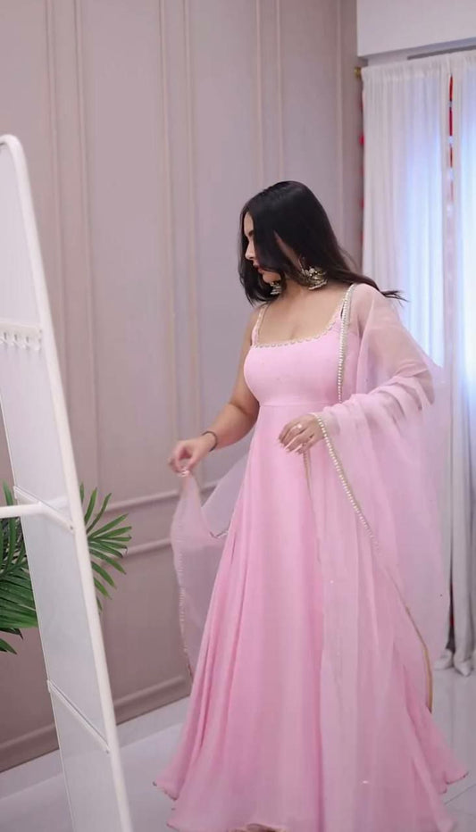 Faux Georgette With Embroidery Work With Lace Border And Beads Work With Elastic Bottom Gown