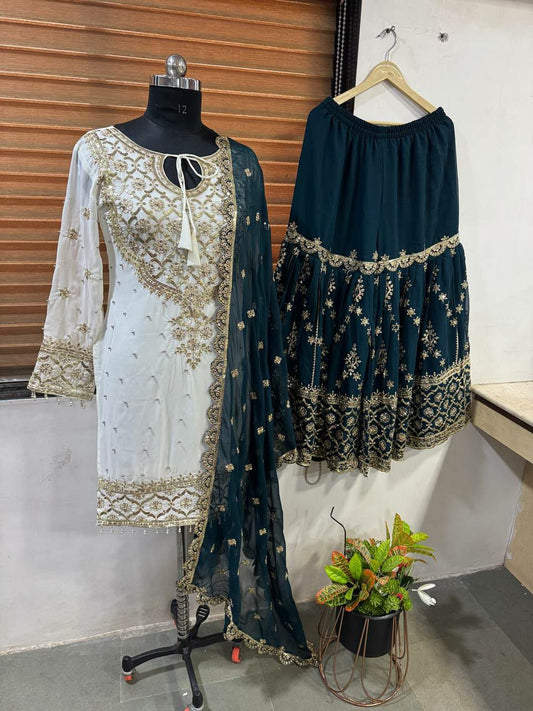 Heavy Faux Georgette And Embroidery Sequence With Fully Flair With Lace Border Sharara Palazzo Dress