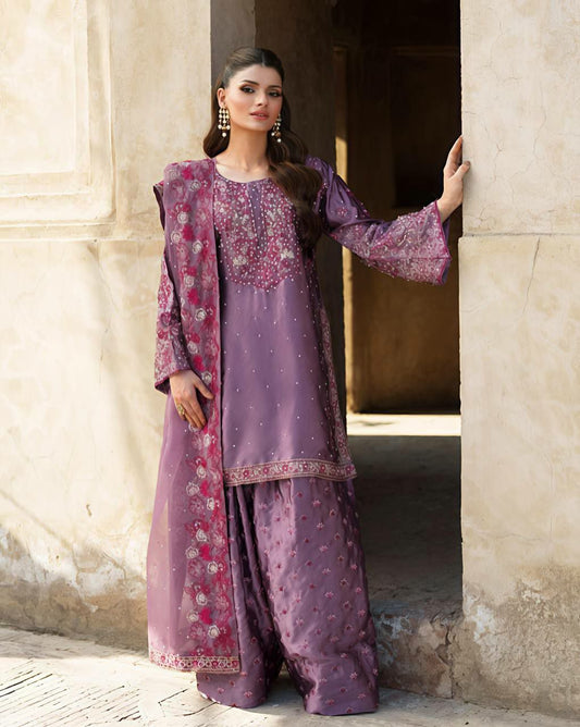 Heavy Chinon Silk With Embroidery Sequence Work And Canvas Farshi Bottom And Rivet Moti Sharara Dress