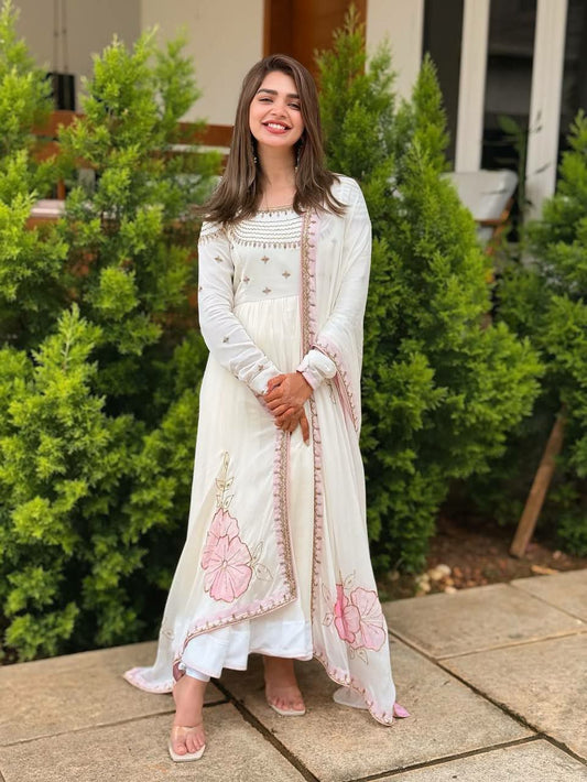 Heavy Georgette And Heavy Embroidery Sequence Work With Moti Latkan With Digital Print Dupatta Type Bottom Gown