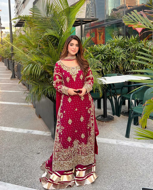 Fox Georgette With Codding Sequence Embroidery Work And Moti Work Dupatta With Crezz And Less Work Palazzo Dress