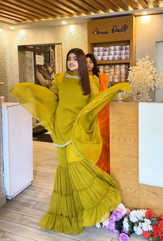 Fox Georgette With Round Neck And Less Work Top & Ruffle Work Palazzo Dress